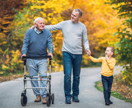 A family walking with Grandpa who has dementia. He is using a walker.